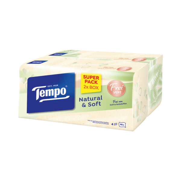 Tempo Natural und Soft Taschentuecher Duobox, 4­lagig, 100 Prozent biologisch abbaubar, 180 Stueck